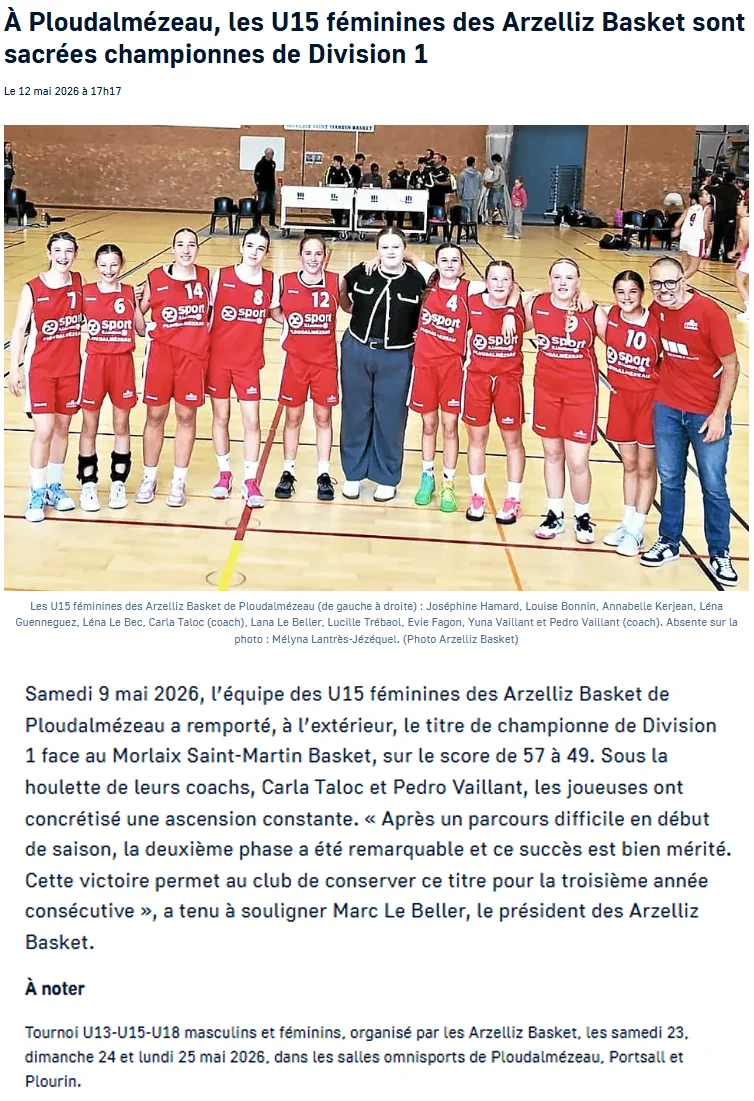 [Le Télégramme] À Ploudalmézeau, les U15 féminines des Arzelliz Basket sont sacrées championnes de Division 1