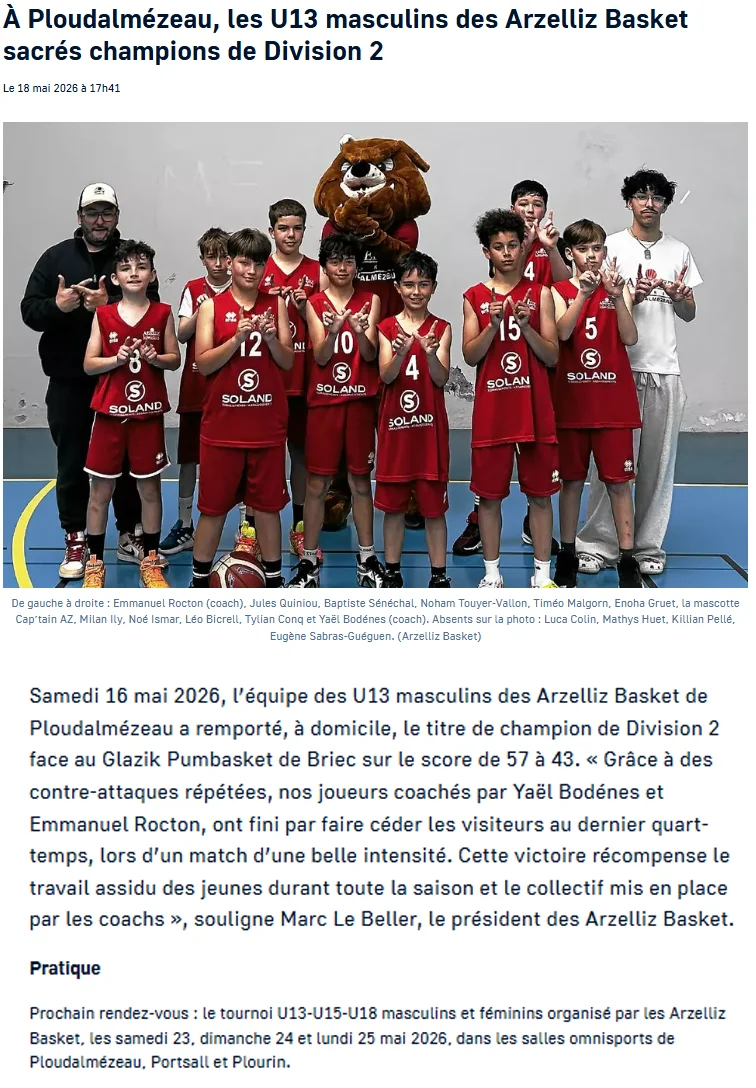 [Le Télégramme] À Ploudalmézeau, les U13 masculins des Arzelliz Basket sont sacrés champions de Division 2